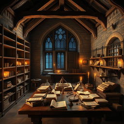 The interior of Newton's house reimagined as a medieval laboratory, featuring large empty wooden shelves lining the walls, a sturdy oak table in the center cluttered with ancient books, parchment scrolls, and scientific instruments like a brass astrolabe and glass beakers