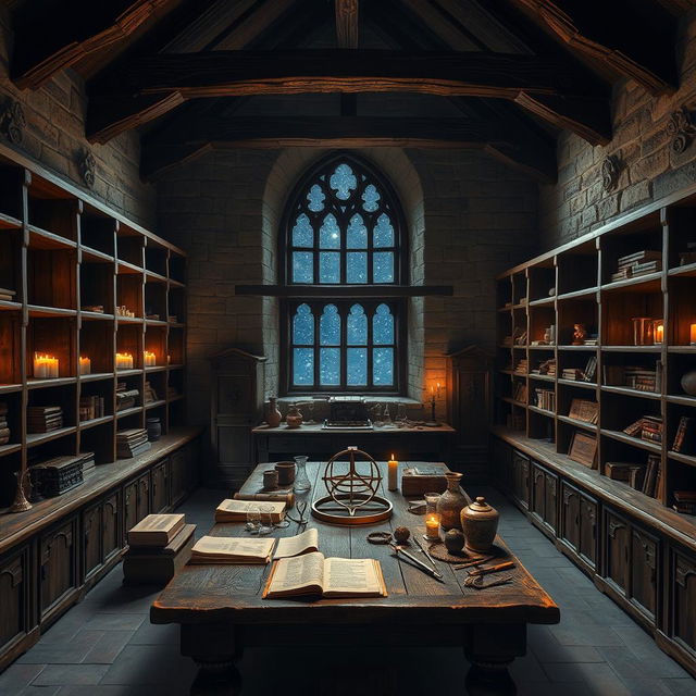 The interior of Newton's house reimagined as a medieval laboratory, featuring large empty wooden shelves lining the walls, a sturdy oak table in the center cluttered with ancient books, parchment scrolls, and scientific instruments like a brass astrolabe and glass beakers