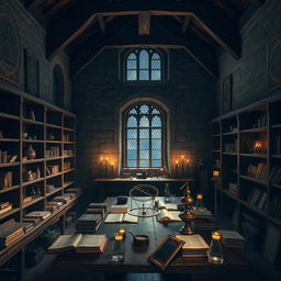 The interior of Newton's house reimagined as a medieval laboratory, featuring large empty wooden shelves lining the walls, a sturdy oak table in the center cluttered with ancient books, parchment scrolls, and scientific instruments like a brass astrolabe and glass beakers