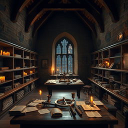 The interior of Newton's house reimagined as a medieval laboratory, featuring large empty wooden shelves lining the walls, a sturdy oak table in the center cluttered with ancient books, parchment scrolls, and scientific instruments like a brass astrolabe and glass beakers
