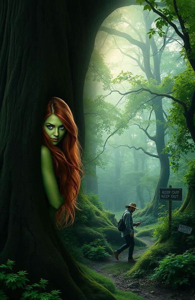 A split-image scene featuring on the left a green-skinned dryad woman with long flowing brown hair, shown from behind, partially concealed by a large, majestic oak tree