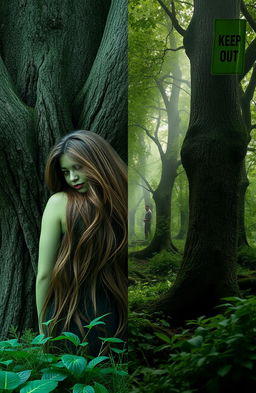 A split-image scene featuring on the left a green-skinned dryad woman with long flowing brown hair, shown from behind, partially concealed by a large, majestic oak tree