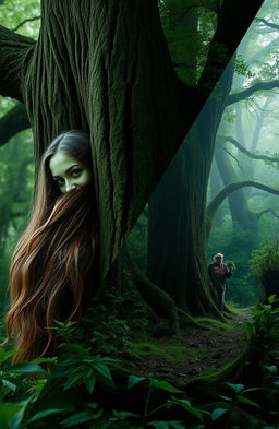 A split-image scene featuring on the left a green-skinned dryad woman with long flowing brown hair, shown from behind, partially concealed by a large, majestic oak tree