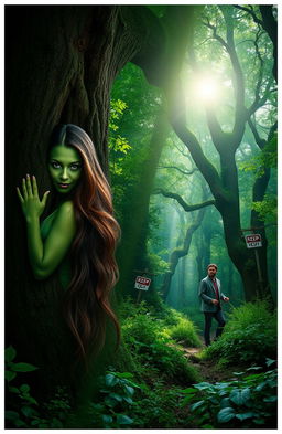 A split-image scene featuring on the left a green-skinned dryad woman with long flowing brown hair, shown from behind, partially concealed by a large, majestic oak tree