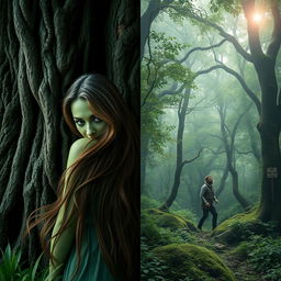 A split-image scene featuring on the left a green-skinned dryad woman with long flowing brown hair, shown from behind, partially concealed by a large, majestic oak tree