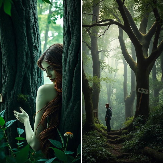 A split-image scene featuring on the left a green-skinned dryad woman with long flowing brown hair, shown from behind, partially concealed by a large, majestic oak tree
