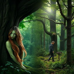 A split-image scene featuring on the left a green-skinned dryad woman with long flowing brown hair, shown from behind, partially concealed by a large, majestic oak tree