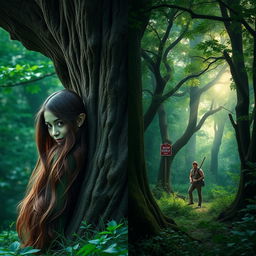 A split-image scene featuring on the left a green-skinned dryad woman with long flowing brown hair, shown from behind, partially concealed by a large, majestic oak tree