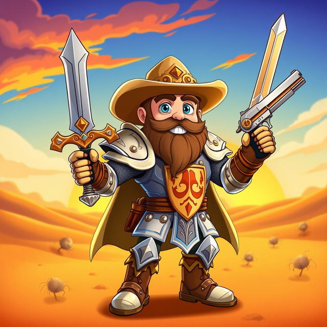 A cartoon-style paladin cowboy, wearing a shining suit of armor combined with a classic cowboy hat and boots