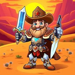 A cartoon-style paladin cowboy, wearing a shining suit of armor combined with a classic cowboy hat and boots