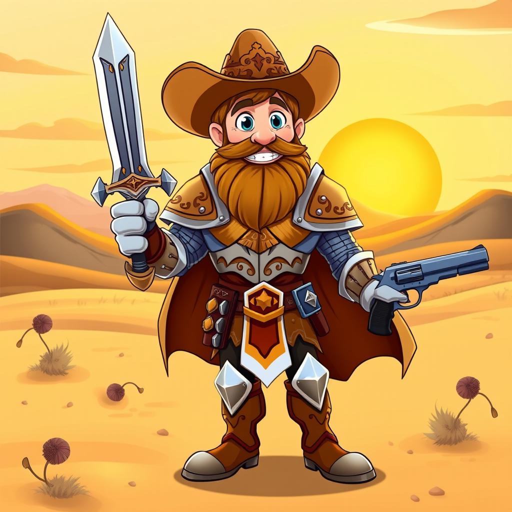 A cartoon-style paladin cowboy, wearing a shining suit of armor combined with a classic cowboy hat and boots