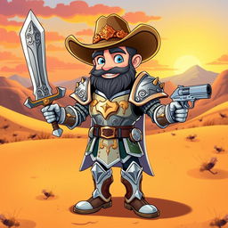 A cartoon-style paladin cowboy, wearing a shining suit of armor combined with a classic cowboy hat and boots