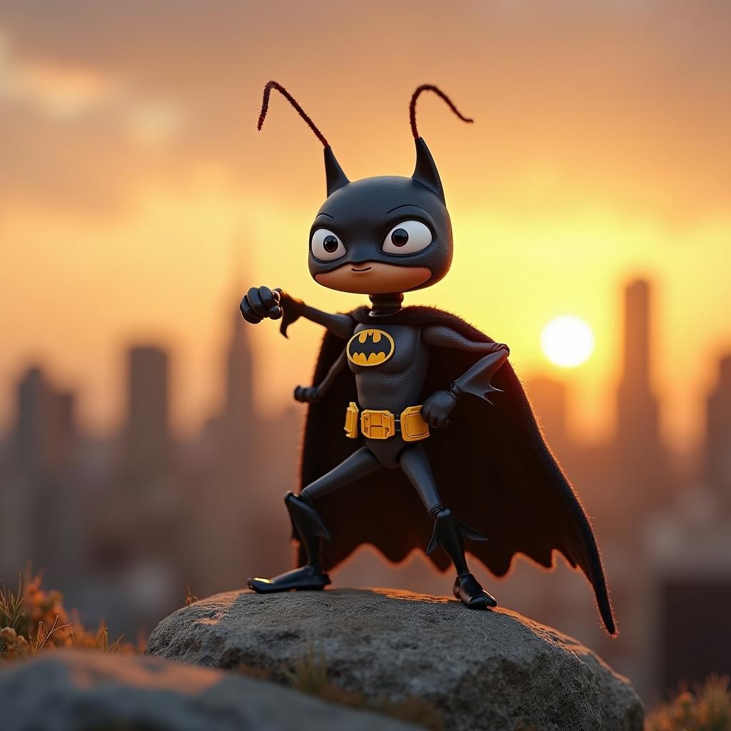 An amusing scene featuring a cartoon-style ant dressed in a classic Batman costume, complete with a cape and mask