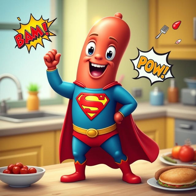 A whimsical and humorous depiction of Superman transformed into a cartoonish sausage character