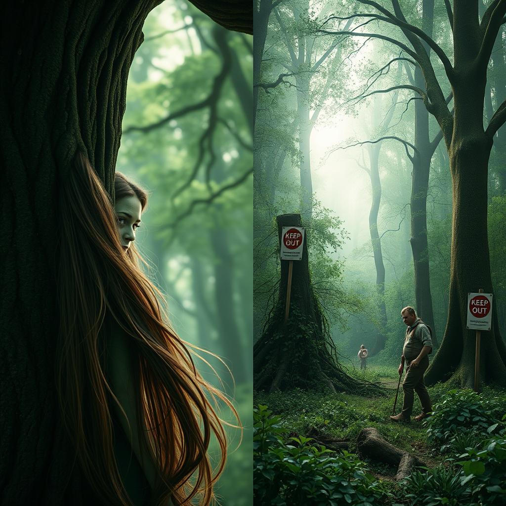 A split-image scene featuring on the left a green-skinned dryad woman with long flowing brown hair, shown with her back to the viewer as she partially hides behind a large, majestic oak tree