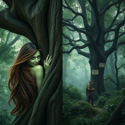 A split-image scene featuring on the left a green-skinned dryad woman with long flowing brown hair, shown with her back to the viewer as she partially hides behind a large, majestic oak tree