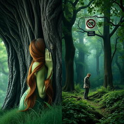 A split-image scene featuring on the left a green-skinned dryad woman with long flowing brown hair, shown with her back to the viewer as she partially hides behind a large, majestic oak tree