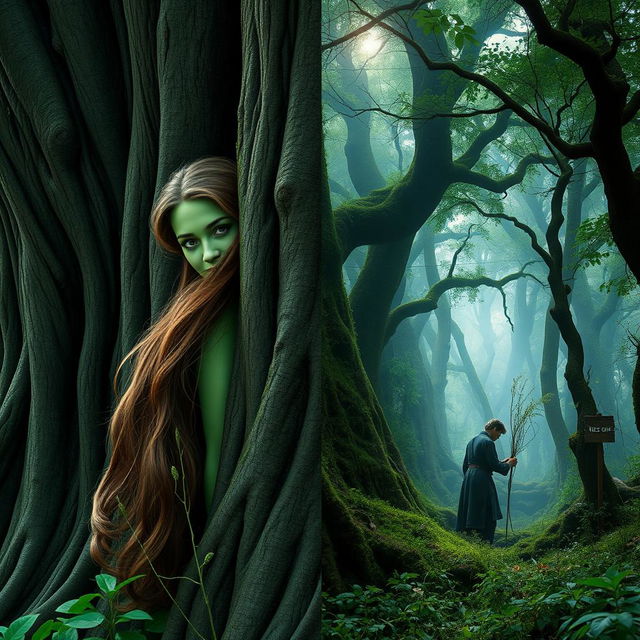 A split-image scene featuring on the left a green-skinned dryad woman with long flowing brown hair, shown with her back to the viewer as she partially hides behind a large, majestic oak tree