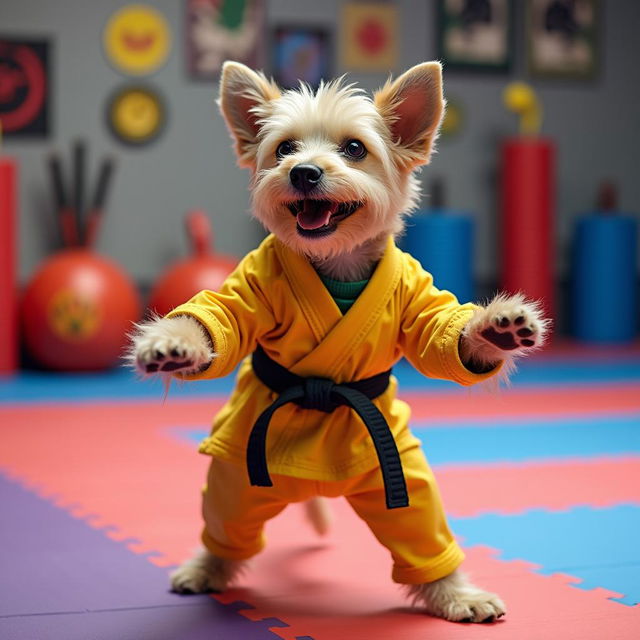 A playful scene featuring a dog practicing jiu-jitsu, wearing a colorful gi (martial arts uniform) complete with a belt