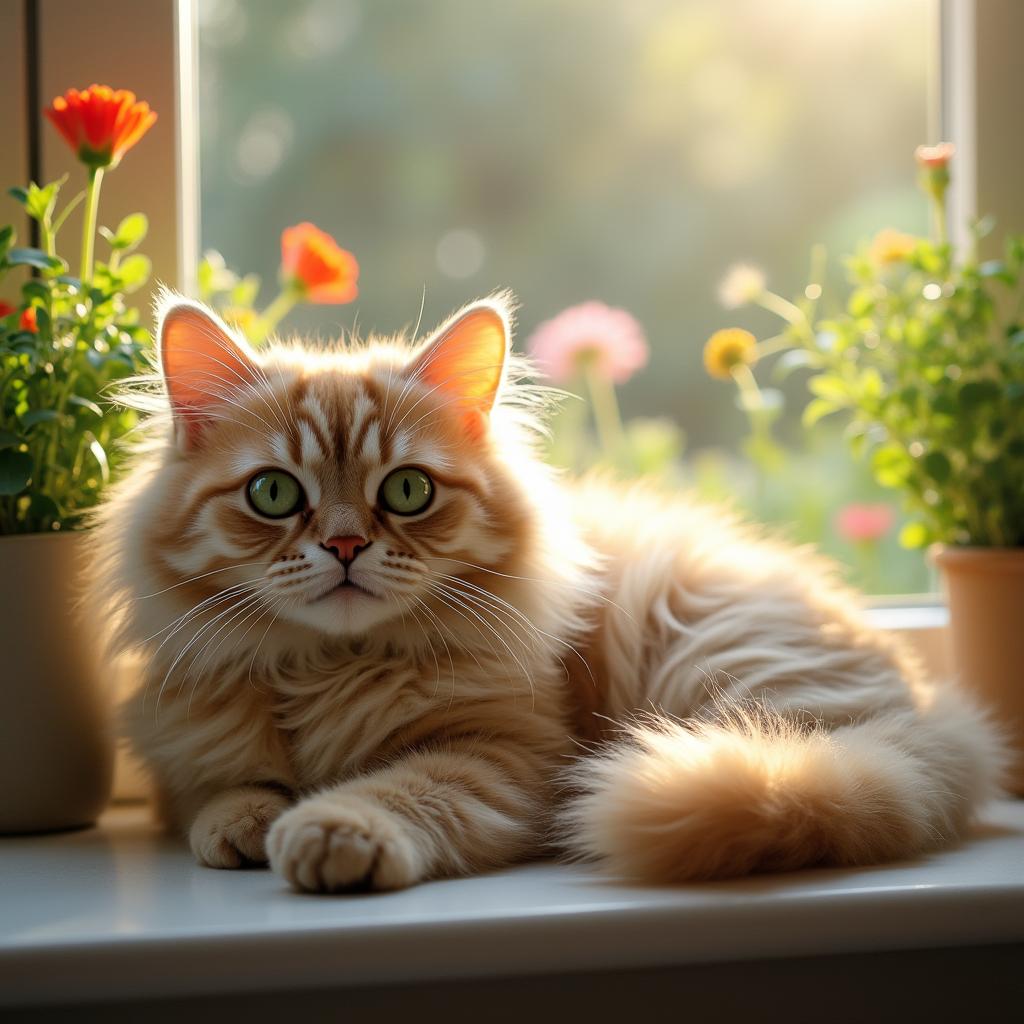 A charming and fluffy domestic cat with bright green eyes and a soft, fluffy coat, lounging comfortably on a sunlit windowsill