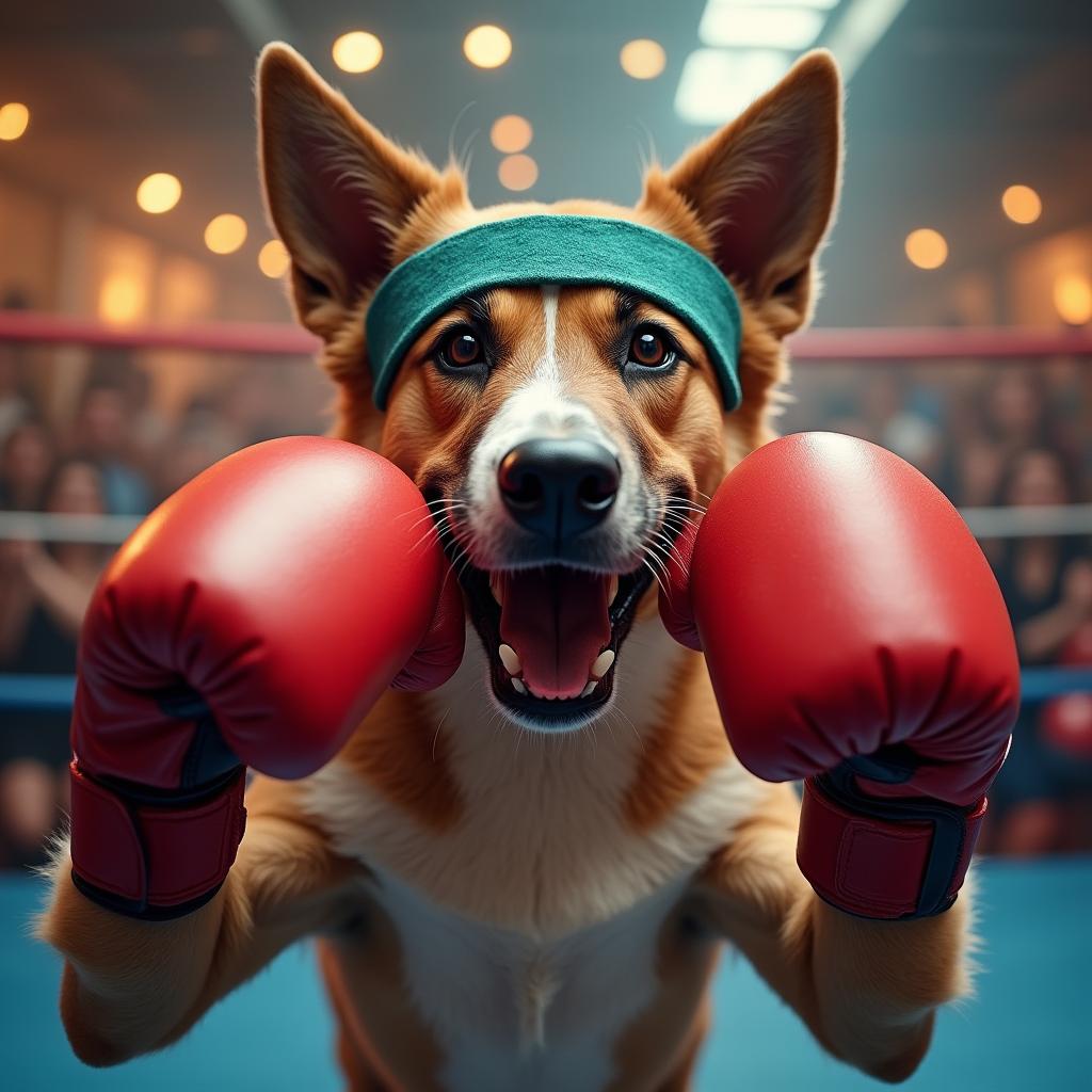 An energetic and playful scene featuring a muscular dog wearing colorful boxing gloves and a headband, ready to spar in a boxing ring