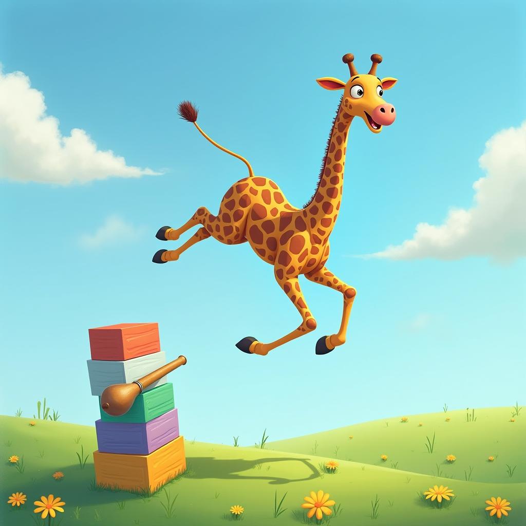 A whimsical and dynamic scene featuring a tall giraffe attempting a high jump over a colorful obstacle