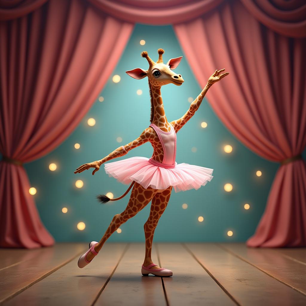 A whimsical scene featuring a graceful giraffe dressed as a ballerina, complete with a pastel tutu and ballet shoes