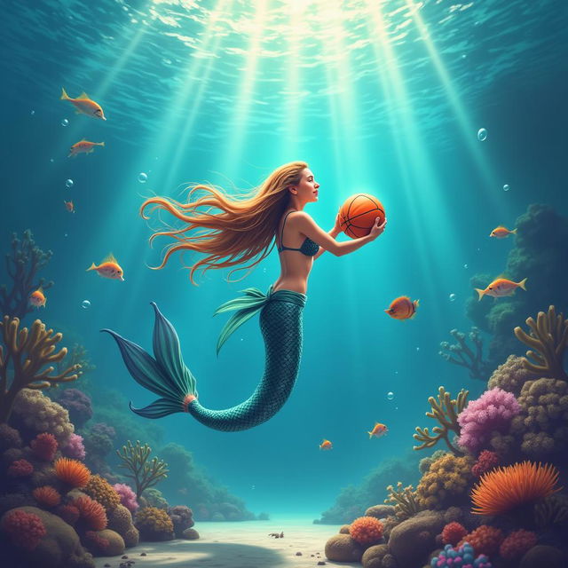 An imaginative scene featuring a mermaid playing basketball underwater