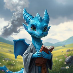 A young blue dragonborn with gentle features, standing in a serene landscape, showcasing a contrast to their lineage