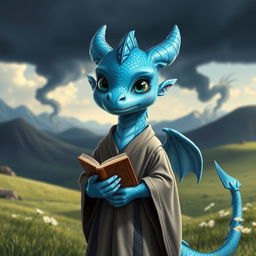 A young blue dragonborn with gentle features, standing in a serene landscape, showcasing a contrast to their lineage