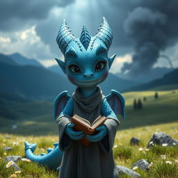 A young blue dragonborn with gentle features, standing in a serene landscape, showcasing a contrast to their lineage