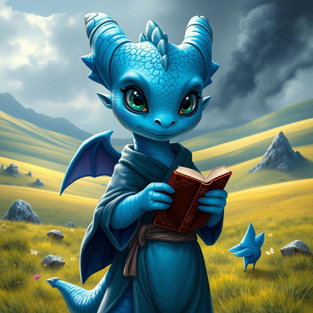 A young blue dragonborn with gentle features, standing in a serene landscape, showcasing a contrast to their lineage