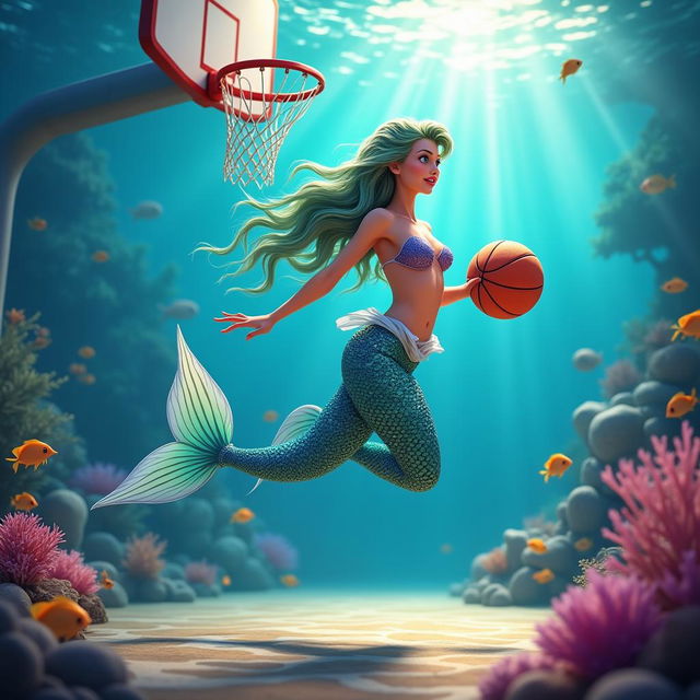 A whimsical scene of a colorful mermaid playing basketball