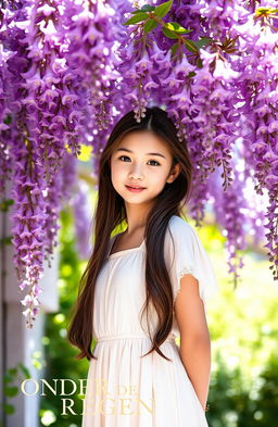 A serene scene featuring a beautiful brunette girl standing gracefully under a canopy of blooming wisteria