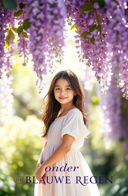 A serene scene featuring a beautiful brunette girl standing gracefully under a canopy of blooming wisteria