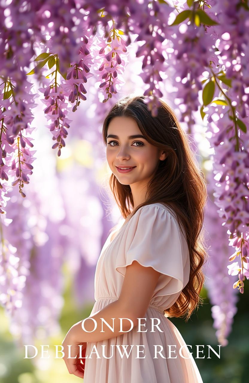 A serene scene featuring a beautiful brunette girl standing gracefully under a canopy of blooming wisteria