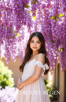 A serene scene featuring a beautiful brunette girl standing gracefully under a canopy of blooming wisteria