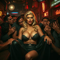 A terrified, busty blonde superheroine inspired by classic comic book characters, featuring big cleavage, sitting in a perilous situation on the lap of a villain in a cheap, dimly lit, dirty bar