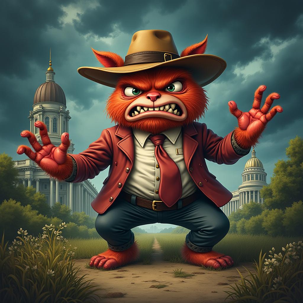 A dramatic and intense depiction of an anthropomorphic character representing the state of Georgia, portrayed as angry