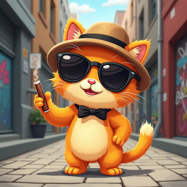 An adorable and humorous illustration of a baby cat with bright orange fur (ranga) dressed as a gangster