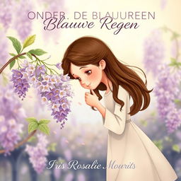 A charming illustration of a brunette girl gracefully smelling a cluster of wisteria flowers