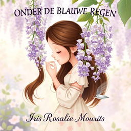 A charming illustration of a brunette girl gracefully smelling a cluster of wisteria flowers