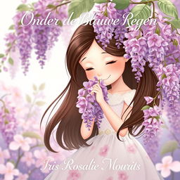 A charming illustration of a brunette girl gracefully smelling a cluster of wisteria flowers