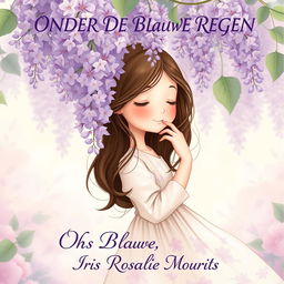 A charming illustration of a brunette girl gracefully smelling a cluster of wisteria flowers