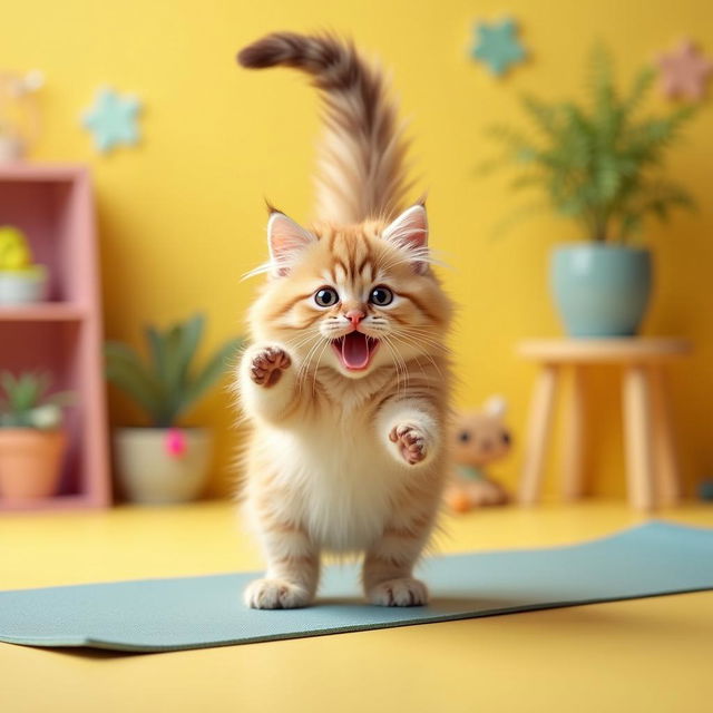 A playful and whimsical scene featuring a fluffy cat performing a handstand on a colorful yoga mat