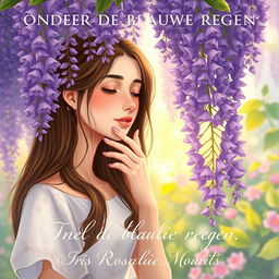 A captivating illustration of a 27-year-old brunette woman gently smelling a cluster of wisteria flowers