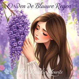 A captivating illustration of a 27-year-old brunette woman gently smelling a cluster of wisteria flowers
