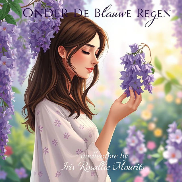 A captivating illustration of a 27-year-old brunette woman gently smelling a cluster of wisteria flowers