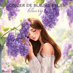 A captivating illustration of a 27-year-old brunette woman gently smelling a cluster of wisteria flowers