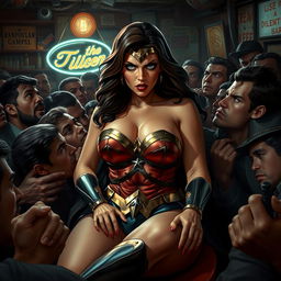 A terrified, busty superheroine inspired by Wonder Woman, showcasing big cleavage and a curvy figure, sitting in a perilous situation on the lap of a villain